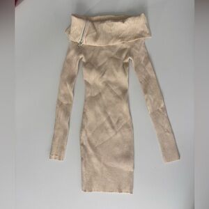 Forever 21 Cream Ribbed Off-Shoulder Sweater Dress with Zip